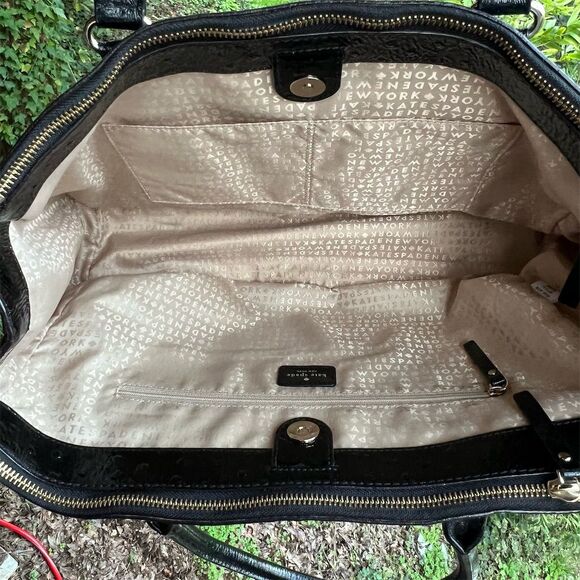 Kate Spade Black Ostrich-Embossed Leather Tote Bag Black w Gold Hardware NWOT - Picture 8 of 13
